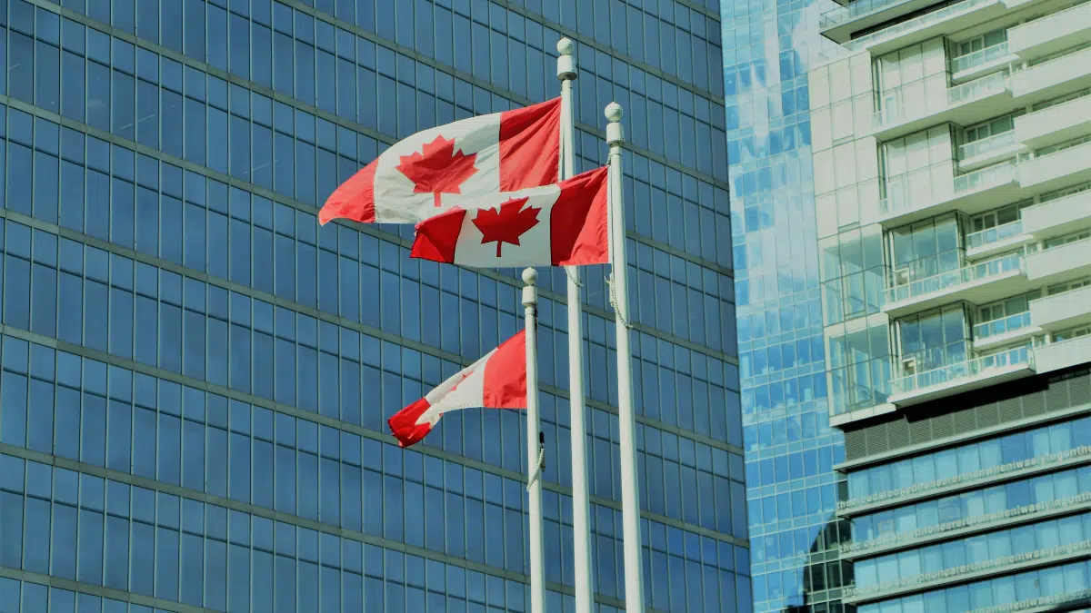 Canadian flag waving in front of government offices.